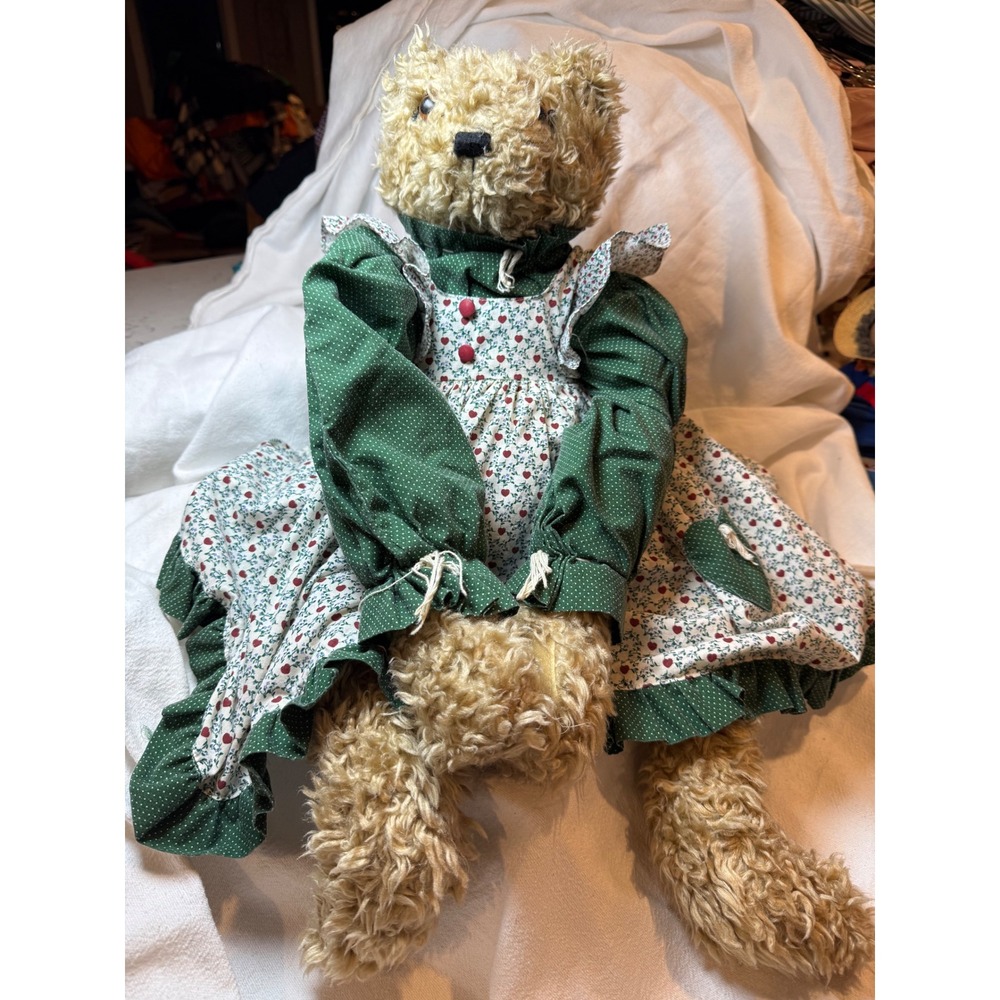 Adorable Teddy Bear Plush Doll Green Floral Dress‎ Button Front Stuffed Toy
